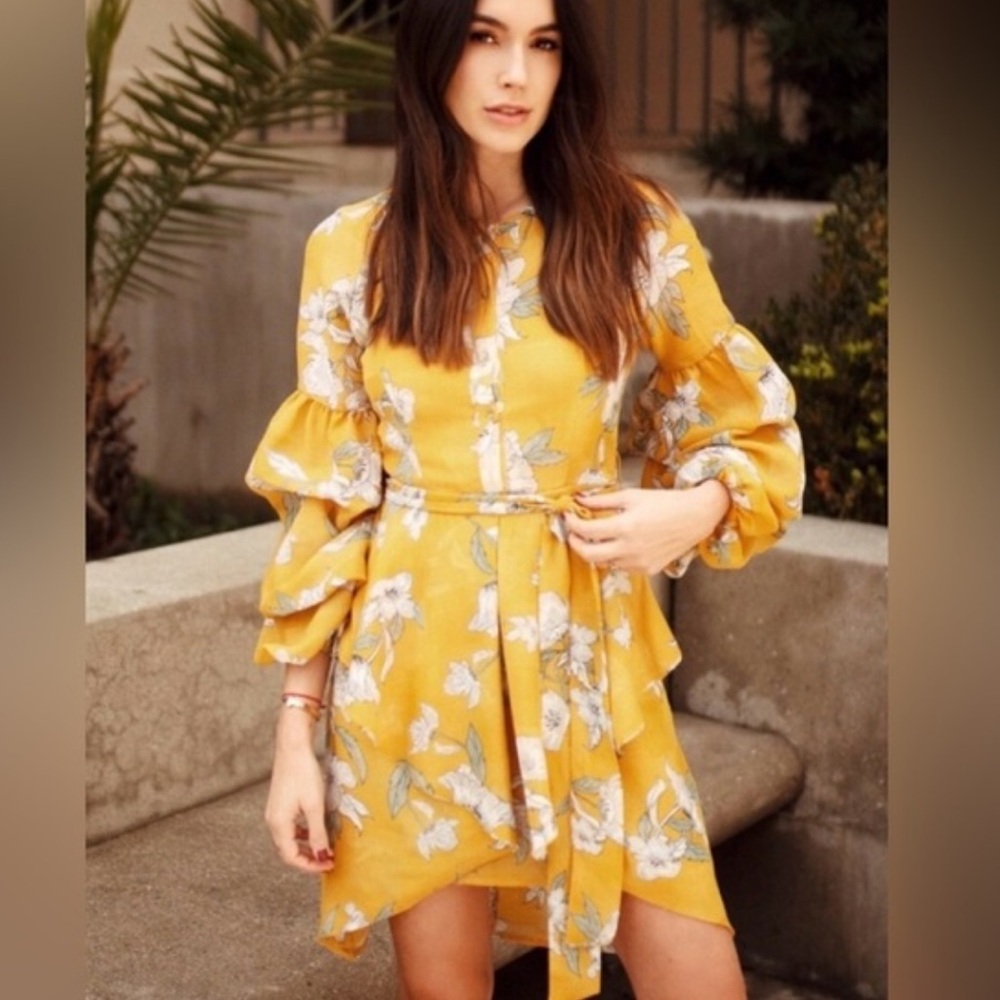 J.O.A. Chriselle Yellow Floral Tiered Puff Sleeve Wrap Dress